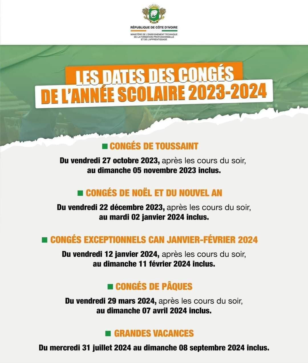 Image de Société. Le calendrier des congés scolaires en Côte d'Ivoire au niveau de l'enseignement technique est disponible. La plus grosse remarque observée est la période exceptionnelle d'un mois de congés allant du 12 janvier au 11 février 2024. Cette période coïncide avec celle de la CAN 2023 en terre ivoirienne. C'est un congé instauré pour permettre à tous de vivre la compétition. Que pensez-vous de cette décision ?