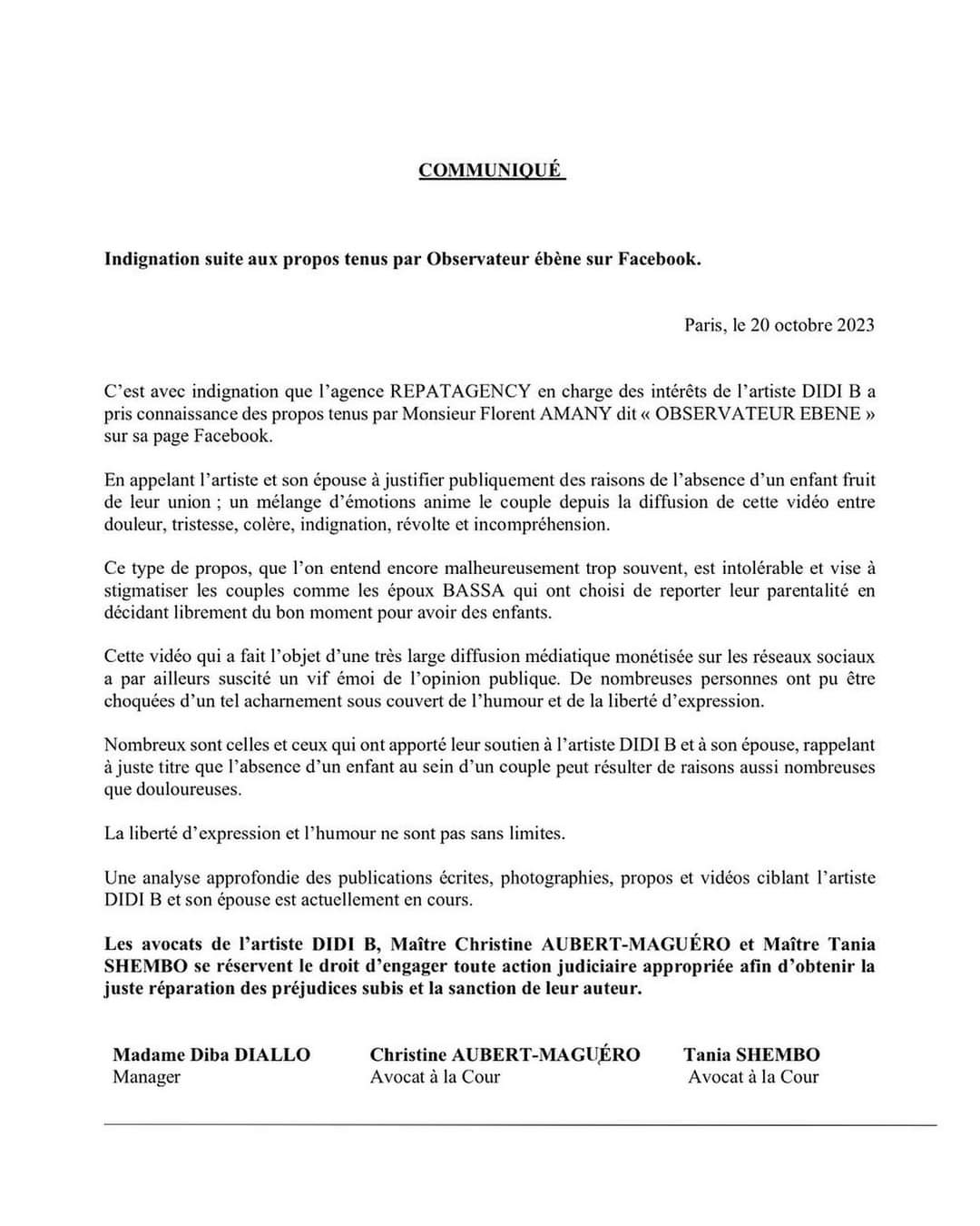 Image de Célébrités. Apparemment le rappeur ivoirien Didi B est en phase d'accomplir sa menace vis à vis de Observateur après sa sortie sur le couple Bassa. C'est ce que je pense après avoir pris connaissance de la réaction des avocats de Didi B qui disent se réserver le droit de poursuivre Observateur. Mais l'ont-ils déjà fait ? Telle est la question. Pensez vous que le chanteur devrait porter plainte ?