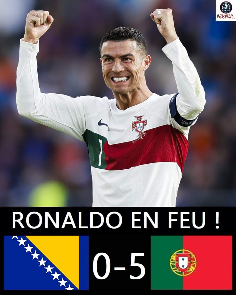 Image de Football. Le portugais Cristiano Ronaldo s'est vu honorer par ses coéquipiers après sa bonne prestation à l'équipe nationale. Acteur majeur dans la victoire du Portugal face à la Bosnie 5 buts à 0 et grâce à son doublé durant ce match, Cristiano devient meilleur buteur de 2023 devant Erling Haaland avec 40 buts. Ce qui lui a valu l' honneur de ses coéquipiers de La Nassr. Que pensez-vous de ce record ?