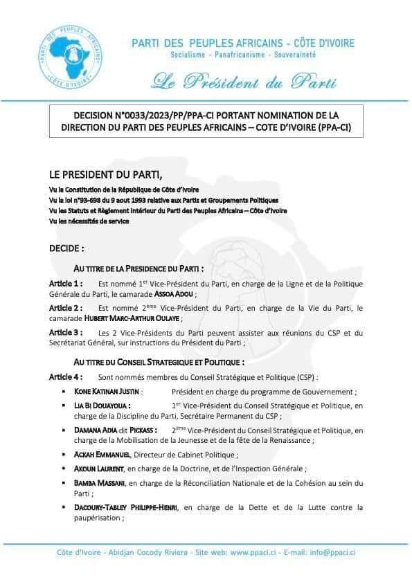 Image de Politique. Le Président du PPA-CI, Laurent Gbagbo a procédé à un remaniement au sein de la direction du parti. Les changements les plus importants qui fâchent sont les cas de Hubert Oulaye et Damana Adia qui ont été limogés de leurs anciennes positions et réaffectés à d'autres fonctions. Un changement qui suscite de vives tensions au sein des militants certains critiquant cette décision du Président Gbagbo. Certains militants reniant désormais être membre du PPA-CI. Que pensez-vous de ce remaniement au sein du PPA-CI ?