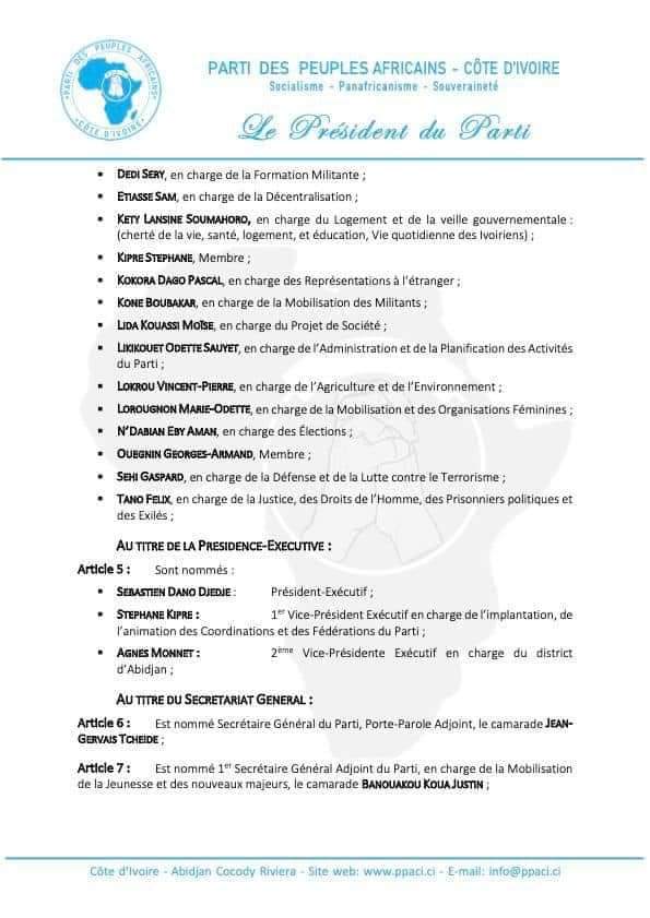 Troisième Image de Politique. Le Président du PPA-CI, Laurent Gbagbo a procédé à un remaniement au sein de la direction du parti. Les changements les plus importants qui fâchent sont les cas de Hubert Oulaye et Damana Adia qui ont été limogés de leurs anciennes positions et réaffectés à d'autres fonctions. Un changement qui suscite de vives tensions au sein des militants certains critiquant cette décision du Président Gbagbo. Certains militants reniant désormais être membre du PPA-CI. Que pensez-vous de ce remaniement au sein du PPA-CI ?