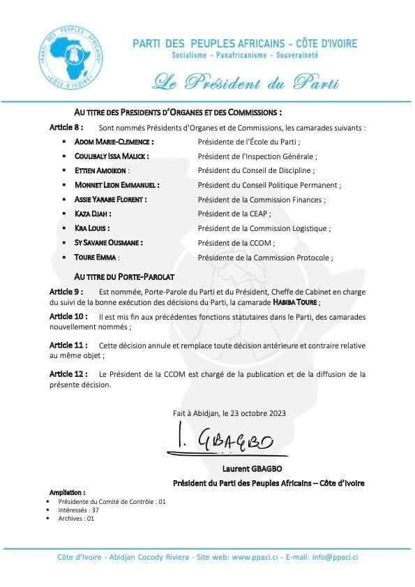 Quatrième Image de Politique. Le Président du PPA-CI, Laurent Gbagbo a procédé à un remaniement au sein de la direction du parti. Les changements les plus importants qui fâchent sont les cas de Hubert Oulaye et Damana Adia qui ont été limogés de leurs anciennes positions et réaffectés à d'autres fonctions. Un changement qui suscite de vives tensions au sein des militants certains critiquant cette décision du Président Gbagbo. Certains militants reniant désormais être membre du PPA-CI. Que pensez-vous de ce remaniement au sein du PPA-CI ?