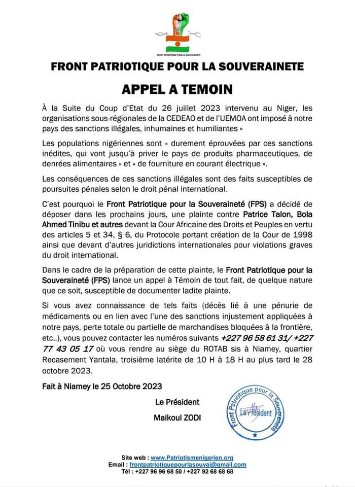 Image de Affaires Etrangères. Le Front Patriotique pour la Souveraineté (FPS) au Niger a produit un communiqué dans lequel l'organisation politique dit préparer une plainte contre différents chefs d'État africains dont le Président Patrice Talon du Bénin pour les sanctions dites inhumaines prises à l'encontre du Niger et de son peuple. Partageons ensemble le contenu de la note et dites moi ce que vous en pensez.