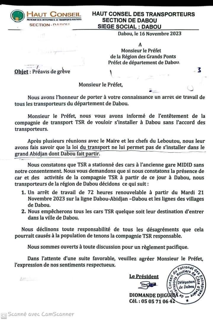 Image de Société. L'installation d'une nouvelle compagnie de transport crée le remous au sein des transporteurs de Dabou. En effet, une organisation de transporteurs de Dabou a annoncé une grève des transporteurs de réclamant de ladite organisation afin de tous paralyser à Dabou en ce qui concerne le déplacement des population. Ce boycott fait suite à la récente implantation d'une nouvelle compagnie dans la ville. Il s'agit de la société de transport Sane Rasmane (TSR) qui vient d'inauguration sa nouvelle gare, une concurrence que refuse les maîtres des lieux. Pour ce faire, ils ont adressé un courrier aux autorités afin d'avertir qu'ils bloqueront la circulation des cars la compagnie mise en cause , peu importe la destination de ceux-ci. La grève est prévue pour ce mardi si les autorités n'essaient pas une tentative de règlement à l'amiable dudit problème. Que pensez vous de cette affaire ?