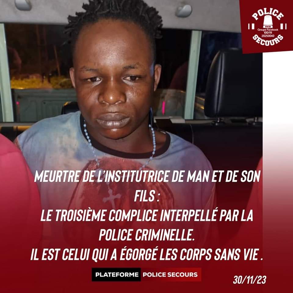 Image de Faits Divers. Comment la Police Criminelle a réussi à les appréhender : Le principal suspect, Gore Bi Mohamed, a été capturé avec sa complice après le terrible incident survenu le 19 novembre 2023 à Gbantongouin, un village paisible de la région de Man. Ils ont été impliqués dans le meurtre de Dame Keke Loyotto Christelle Flavie et de son fils, avec un troisième individu toujours en fuite et recherché activement par les autorités. Le drame a débuté lorsque le couple meurtrier s'est introduit chez Dame Flavie sous prétexte de lui rendre visite. Une dispute a éclaté lorsque Gore Bi Mohamed a exigé de l'argent, conduisant à une issue fatale. Après avoir agressé violemment la victime, il a rejoint sa complice à l'extérieur, croyant que Dame Flavie était décédée. La tragédie s'est malheureusement poursuivie lorsque la complice a suggéré d'éliminer le fils de 7 ans, seul témoin du crime. Sous les ordres du couple, l'enfant a été étouffé jusqu'à sa mort. Le couple meurtrier a ensuite cherché l'aide d'un ami, qui a non seulement validé leurs actions mais a également ajouté à l'horreur en maquillant la scène du crime en cambriolage, tuant la mère et l'enfant avec une machette et volant des biens pour rendre le scénario plus crédible. La poursuite du couple a mobilisé les forces de l'ordre ivoiriennes. Malgré leurs tentatives de fuite vers Abidjan, la Police Criminelle est restée déterminée. Grâce à la coopération de la population et à des signalements précis, Gore Bi Mohamed a été appréhendé dans un salon de coiffure à Abobo Belleville. Bien que sa complice ait également été capturée, le troisième complice qui était encore jusque là en fuite, a finalement été appréhendé ce matin par les autorités. Les forces de l'ordre ont été félicitées pour leur engagement, et la population a été saluée pour son rôle crucial dans cette enquête sombre. Que pensez vous de cette histoire ?