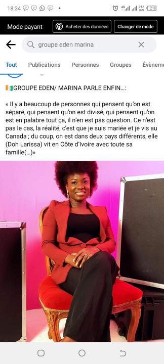 Deuxième Image de Célébrités. Le texte parle de Marina, membre du Groupe Eden, clarifiant une perception erronée selon laquelle le groupe serait séparé ou divisé. Marina explique qu'elle est mariée et vit au Canada, tandis que Doh Larissa, une autre membre du groupe, réside en Côte d’Ivoire avec sa famille. Elle souligne ainsi que la situation géographique distincte des membres ne signifie pas une séparation ou une division du groupe, mais simplement une réalité de vie dans deux pays différents.