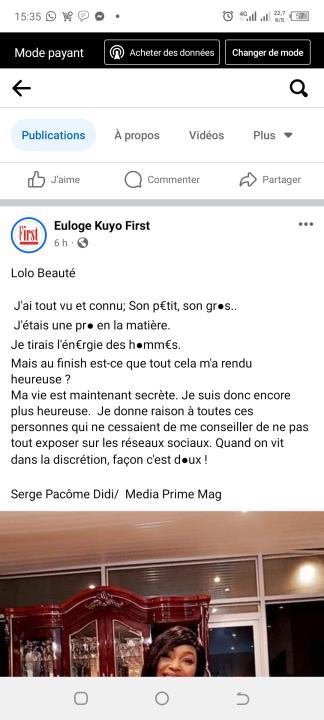 Deuxième Image de Célébrités. L'influenceuse ivoirienne Lolo Beauté,après un long moment de discrétion, se serait exprimé sur le fait de vivre caché comparativement à ce qu'elle faisait avant, à savoir s'afficher à tout moment sur les réseaux. Elle a partagé à travers sa réponse, son vécu en tant que professionnelle, ayant exploré différents aspects de la séduction et de l'influence sur les réseaux sociaux. Cependant, malgré sa maîtrise dans ce domaine, elle se questionne sur le véritable bonheur que cela lui a apporté. Elle a pris conscience que sa vie était plus épanouissante depuis qu'elle a choisi la discrétion. Elle fait l'éloge de cette vie secrète qui lui procure un sentiment de bonheur plus authentique, confirmant ainsi les conseils qu'elle a reçus concernant la préservation de la vie privée sur les plateformes en ligne. Cela soulève la réflexion sur les effets de l'exposition médiatique et le contraste avec une vie vécue dans la discrétion et la douceur de la vie privée.