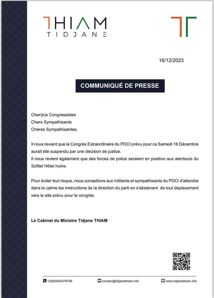 Quatrième Image de Politique. Le report inattendu du congrès du PDCI-RDA prévu pour le 16 décembre 2023 a plongé la scène politique ivoirienne dans un état de perplexité et de questionnement. Ce parti, réputé être le plus ancien de la Côte d'Ivoire, avait suscité de grands espoirs chez ses militants pour l'élection de son nouveau président, suite au décès regretté d'Henri Konan Bedié en août de cette année. L'annonce de ce report émanant de l'ordre de la justice a pris de court la majorité des partisans qui s'étaient déjà rassemblés en anticipation de cette cérémonie cruciale pour l'avenir du parti. L'objectif principal de cet événement était de désigner le successeur du regretté Henri Konan Bedié, marquant ainsi une nouvelle ère pour le PDCI-RDA. Cependant, cette décision de la justice découle de dénonciations multiples concernant des irrégularités présumées ayant entaché le processus électoral en vue de l'élection du prochain président. Ces allégations ont soulevé des questionnements profonds quant à l'intégrité et à la transparence du processus de sélection des candidats et de déroulement du scrutin au sein du parti. Malgré les rapports mettant en cause certains membres éminents du parti, les détails restent flous et sujets à interprétation. Les accusations portent principalement sur des cadres du parti, mais les tenants et aboutissants de ces présumées irrégularités demeurent obscurs, alimentant ainsi les spéculations et les rumeurs au sein de la population et de la sphère politique ivoirienne. Ce report inopiné a suscité une vive déception parmi les militants qui nourrissaient de grands espoirs quant à l'issue de ce congrès. Il a également entraîné une série d'interrogations quant à la légitimité du processus électoral au sein du PDCI-RDA. La décision de la justice de repousser l'événement a exacerbé les tensions au sein du parti, donnant lieu à des débats houleux et à des divergences d'opinions parmi les membres. Dans cette atmosphère tendue et incertaine, l'avenir politique du PDCI-RDA demeure en suspens, les militants attendent avec impatience des éclaircissements sur les allégations d'irrégularités et sur la nouvelle date du congrès. L'incertitude planant autour de cette situation a également des répercussions sur le paysage politique de la Côte d'Ivoire dans son ensemble, car le PDCI-RDA occupe une place prépondérante dans le paysage politique ivoirien depuis de nombreuses décennies. En attendant de nouvelles informations et clarifications de la part des autorités judiciaires et du parti lui-même, cette situation incite à réfléchir sur les enjeux de transparence, de légitimité et de démocratie au sein des partis politiques en Côte d'Ivoire. L'attente concernant la résolution de ces allégations et la reprogrammation du congrès demeure un enjeu majeur pour le parti et pour l'ensemble de la nation ivoirienne.