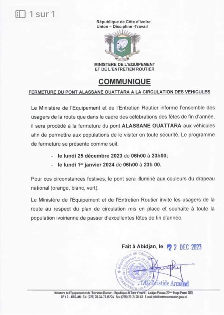 Image de Société. La période de fin d'année est toujours synonyme de festivités et de célébrations à travers le monde. En Côte d'Ivoire, ces moments revêtent une signification particulière pour les habitants, marqués par des traditions, des rassemblements familiaux et des activités spéciales. Cette année, dans le but d'offrir aux Ivoiriens des fêtes de fin d'année inoubliables, une décision significative a été prise : la fermeture du pont Alassane Ouattara, un événement qui ne manque pas d'attirer l'attention et suscite déjà l'enthousiasme général. Le pont Alassane Ouattara, par sa symbolique et sa valeur historique, incarne bien plus qu'une simple structure architecturale. Depuis son inauguration, il est devenu un véritable emblème du pays, représentant la modernité, le progrès et l'unité. Sa fermeture pendant les heures clés des fêtes de Noël et du Nouvel An revêt une portée symbolique et pratique pour la population ivoirienne. Le choix de fermer le pont le 25 décembre et le 1er janvier, de 6 heures à 23 heures, vise à plusieurs objectifs. Tout d'abord, il s'agit de garantir la sécurité des festivités en limitant la circulation et en offrant un espace plus sécurisé aux événements et activités organisés pour l'occasion. Cette initiative permettra également de réduire les risques liés aux déplacements massifs, souvent observés pendant cette période, contribuant ainsi à prévenir les accidents et les embouteillages. De plus, cette fermeture programmée représente une opportunité pour de nombreux Ivoiriens qui n'ont pas encore eu l'occasion de visiter ce pont emblématique. En effet, le pont Alassane Ouattara a acquis une notoriété qui dépasse largement ses fonctions de simple voie de passage. Il est devenu un lieu de fascination pour beaucoup, un symbole de fierté nationale et un incontournable pour ceux qui désirent le voir de près et en apprécier la majesté. Cette décision, bien que motivée par des raisons pratiques de sécurité et de gestion des flux de circulation, ouvre également la voie à des opportunités culturelles et touristiques. La fermeture temporaire du pont pendant ces jours spéciaux pourrait être l'occasion pour les autorités de proposer des animations, des expositions ou des événements culturels mettant en valeur l'histoire et la signification de cet ouvrage emblématique. En permettant aux citoyens de vivre pleinement l'expérience de ce monument, cette mesure contribue à renforcer le lien entre la population et ses symboles nationaux, favorisant ainsi un sentiment d'appartenance et de fierté collective. Cependant, cette initiative soulève également des questions logistiques. Comment assurer la fluidité des déplacements avant et après les heures de fermeture du pont ? Comment garantir que les citoyens puissent se déplacer sans entrave pour profiter pleinement des festivités tout en respectant les restrictions de circulation imposées par cette fermeture temporaire ? En outre, il serait crucial pour les autorités de communiquer efficacement sur cette décision afin d'éviter toute confusion ou désagrément pour les habitants et les visiteurs. Des campagnes de sensibilisation, des annonces claires et des plans de déviation bien organisés pourraient contribuer à atténuer les éventuels inconvénients que cette fermeture du pont pourrait entraîner. En somme, la fermeture du pont Alassane Ouattara pendant les festivités de fin d'année en Côte d'Ivoire, bien qu'étant une mesure de sécurité, revêt une signification symbolique importante. Elle offre l'opportunité à de nombreux Ivoiriens de se rapprocher de ce symbole national, tout en suscitant des réflexions sur la manière de concilier célébrations festives et gestion efficace des déplacements.