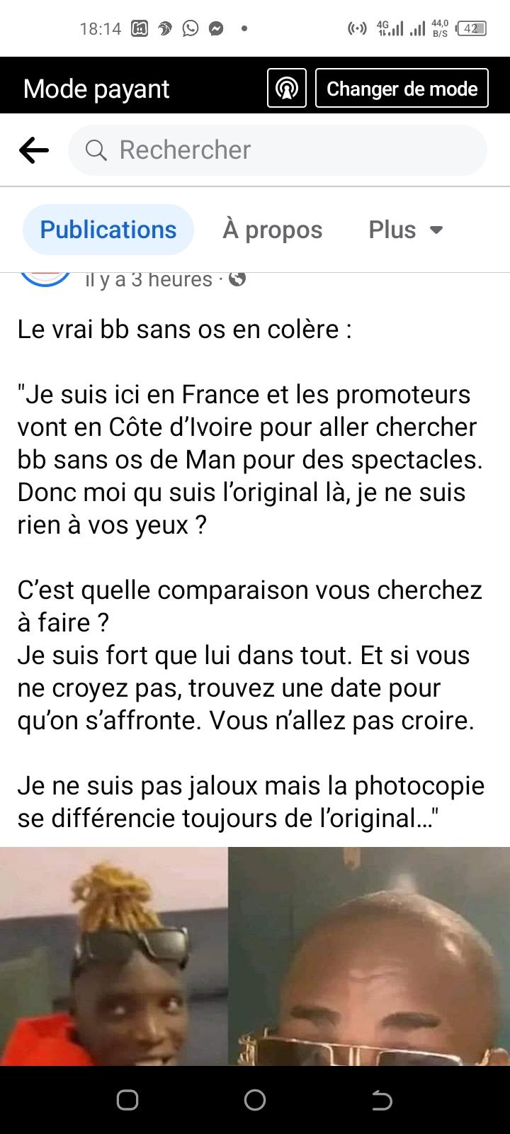 Image de Célébrités. L'auteur exprime ici un profond sentiment d'injustice et de mépris ressenti envers les promoteurs qui favorisent un "bb sans os" en provenance de la Côte d'Ivoire pour des spectacles en France, alors même que l'auteur se considère comme l'original de cette expression artistique. Cette situation suscite un fort sentiment de dévalorisation et d'incompréhension quant à la reconnaissance de son talent et de sa légitimité dans son propre pays. Le texte souligne également une volonté de se distinguer de cette copie en affirmant sa supériorité artistique. L'auteur revendique sa force et son talent supérieurs à ceux du "bb sans os" venant de Man, exprimant ainsi son désir de prouver cette supériorité à travers un affrontement direct, invitant à un face-à-face pour faire valoir ses compétences et démontrer qu'il est l'original, et non une simple imitation. Le sentiment de frustration est perceptible face à ce qu'il perçoit comme une injustice et un manque de reconnaissance, illustré par la comparaison avec une photocopie qui, malgré sa ressemblance, ne peut égaler l'authenticité et la valeur de l'original. L'auteur insiste sur le fait que même si cette copie peut exister, elle ne saurait jamais se comparer à lui en termes de talent, de créativité et d'authenticité. Cette réflexion met en lumière les enjeux de reconnaissance artistique et culturelle, ainsi que les défis auxquels sont confrontés de nombreux artistes qui se sentent marginalisés ou dévalorisés au profit de copies ou d'imitations. Elle soulève des questions importantes sur la légitimité et la valorisation de la créativité originale par rapport aux productions plus populaires ou commerciales, mettant en lumière la nécessité de reconnaître et de soutenir l'authenticité artistique. Dans un monde où la créativité et l'originalité sont souvent confrontées à la reproduction et à la commercialisation, ce texte souligne la lutte d'un artiste pour être reconnu à sa juste valeur, pour que son authenticité soit appréciée à sa juste mesure et pour qu'il ne soit pas relégué au second plan au profit de ce qu'il considère comme une simple imitation. Il exprime le désir ardent de se démarquer, de faire valoir sa singularité et de recevoir la reconnaissance qui lui est due pour son travail artistique authentique et unique.