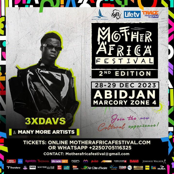 Image de Événements/Sorties. La fièvre musicale s'empare d'Abidjan avec l'annonce palpitante de la participation de 3XDAVS au Mother Africa Festival, 2e édition, du 28 au 29 décembre à Marcory Zone 4. Les fans sont impatients de plonger dans l'univers envoûtant de ce talentueux artiste. 3XDAVS, figure émergente de la scène musicale, apportera sa touche unique à cet événement emblématique qui célèbre la diversité et la richesse culturelle de l'Afrique. Sa présence promet des performances électrisantes, fusionnant harmonieusement différents genres musicaux pour créer une expérience mémorable. Le Mother Africa Festival devient ainsi le cadre idéal pour découvrir et célébrer le talent musical de 3XDAVS. Situé au cœur d'Abidjan, le festival promet une ambiance vibrante, unissant la passion de la musique à l'énergie captivante de la ville. Les aficionados de 3XDAVS auront l'opportunité de vivre une expérience immersive, plongeant dans ses rythmes entraînants et ses paroles évocatrices. Le festival devient le rendez-vous incontournable où la musique devient le langage universel de l'unité et de la célébration. Ainsi, du 28 au 29 décembre, les mélomanes d'Abidjan convergeront vers Marcory Zone 4 pour une célébration musicale inoubliable avec la présence exceptionnelle de 3XDAVS au Mother Africa Festival. Un rendez-vous musical à ne pas manquer, promettant une immersion totale dans l'art et la culture africaine contemporaine.