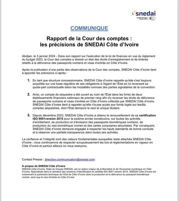 Image de Société. La controverse entourant le groupe SNEDAI et les allégations de détournement d'argent liées à la fabrication des passeports ont suscité des inquiétudes et une vive interrogation sur la destination des fonds perçus. Cette affaire a soulevé des questions quant à la transparence des opérations financières entre l'entreprise SNEDAI et l'État de Côte d'Ivoire, alimentant un débat public intense. Le groupe SNEDAI, dirigé par Adama Bictogo, a rapidement réagi face à ces accusations en émettant un démenti catégorique. Selon leurs déclarations officielles, l'argent reçu pour la fabrication des passeports est versé sur un compte séquestre détenu par l'État de Côte d'Ivoire. Cette affirmation visait à rassurer le public quant à la destination des fonds collectés, soulignant leur intégration dans les caisses de l'État pour le bien-être général du pays. Cependant, une mise à jour de dernière minute a ajouté une couche de complexité à cette situation. SNEDAI a affirmé que l'argent était effectivement transféré sur un compte séquestre de l'État ivoirien, mais le Ministère du Budget de Côte d'Ivoire a contredit cette déclaration. Selon leurs déclarations officielles, ces fonds ne sont pas pris en compte dans la comptabilité de l'État, soulevant ainsi des doutes quant à la destination réelle de ces fonds. Cette contradiction entre les affirmations de SNEDAI et les déclarations du Ministère du Budget a laissé le public dans l'incertitude quant à la localisation précise de ces fonds. L'interrogation persistante demeure : où est réellement l'argent perçu par le groupe SNEDAI pour la fabrication des passeports ? Cette affaire a mis en lumière l'importance de la transparence dans la gestion des fonds publics et des partenariats entre les entreprises privées et les entités gouvernementales. La confiance du public envers les institutions et les entreprises dépend largement de la clarté et de la traçabilité des transactions financières. L'absence de clarté sur la destination des fonds perçus par SNEDAI risque de compromettre la crédibilité de l'entreprise et de l'État. Les appels à une enquête approfondie et indépendante se multiplient, avec des demandes croissantes pour que la lumière soit faite sur la répartition réelle de ces fonds. Cette situation met également en évidence le besoin urgent de mécanismes de reddition de comptes et de transparence dans la gestion des finances publiques, afin d'assurer la confiance du public et d'éviter tout soupçon de malversation ou de détournement. Dans ce contexte, les autorités gouvernementales et les organismes de réglementation financière sont appelés à intervenir de manière transparente et diligente pour éclaircir cette affaire. Une collaboration entre SNEDAI, l'État de Côte d'Ivoire et les organes d'enquête indépendants pourrait être nécessaire pour établir la vérité sur la destination finale de ces fonds. En attendant des clarifications officielles et une résolution de cette situation, l'incertitude persistante quant à l'utilisation des fonds perçus par SNEDAI pour la fabrication des passeports continue de susciter des inquiétudes et de nourrir un débat public animé sur la gouvernance financière et la responsabilité des parties impliquées.