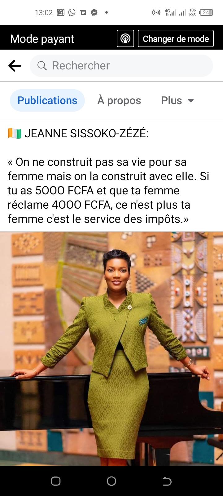 Deuxième Image de Célébrités. Le texte initial souligne un point crucial sur la dynamique des relations conjugales, mettant en avant l'idée que la construction de la vie ne devrait pas être menée pour sa femme, mais plutôt avec elle. Cette perspective dépeint une vision d'égalité et de partenariat au sein du couple. L'exemple de la répartition financière illustré avec les 5000 FCFA et la demande de 4000 FCFA souligne l'importance de la coopération et de la prise de décisions conjointes dans un mariage ou une relation. Cette citation de Jeanne Sissoko-Zézé évoque la nécessité de considérer sa partenaire comme un collaborateur égal dans la construction d'une vie commune. Elle sous-entend également que lorsque les décisions financières sont prises unilatéralement, cela peut créer un déséquilibre dans la relation, transformant ainsi la relation conjugale en une sorte de transaction financière impersonnelle. À un niveau plus profond, cette réflexion pourrait être étendue pour englober l'ensemble des relations interpersonnelles, insistant sur l'importance de la collaboration, de l'écoute et du respect mutuel pour parvenir à une véritable harmonie. Cette approche invite à envisager les relations comme des partenariats où les idées, les aspirations et les responsabilités sont partagées de manière équitable. De plus, cette citation met en lumière la manière dont les dynamiques économiques peuvent influencer les relations humaines. Elle suggère que les questions financières ne devraient pas être au centre des relations intimes, mais plutôt être abordées avec équité et considération mutuelle. L'analogie avec le service des impôts souligne habilement comment une relation peut se transformer en quelque chose de bureaucratique et transactionnel lorsqu'elle est basée principalement sur des aspects financiers, plutôt que sur des fondations émotionnelles et relationnelles solides. Par ailleurs, cette citation souligne indirectement l'importance d'une communication ouverte et honnête au sein d'un couple. Lorsque les décisions sont prises en collaboration et que les préoccupations de chacun sont entendues, cela favorise une relation saine et équilibrée. En outre, cette réflexion pourrait être extrapolée pour discuter des normes sociétales prédominantes sur le rôle des hommes et des femmes dans une relation. Elle invite à repenser ces normes et à adopter une approche plus inclusive où les partenaires sont considérés comme des contributeurs égaux et complémentaires à la construction et au développement d'une vie conjugale épanouissante. En conclusion, la citation de Jeanne Sissoko-Zézé incite à repenser la notion de partenariat dans les relations en mettant l'accent sur l'importance de la collaboration, du respect mutuel et de l'équité. Elle invite à considérer les relations comme des alliances où les décisions, les responsabilités et les objectifs sont partagés de manière égale, au-delà des aspects financiers.