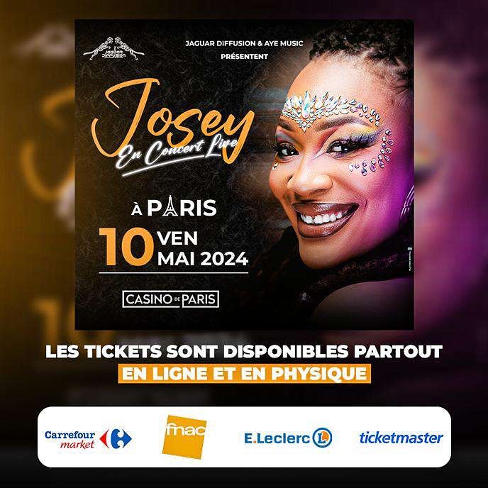 Image de Événements/Sorties. L'excitation est à son comble, car Josey annonce son concert live au Casino de Paris le vendredi 10 mai 2024. Un événement à ne pas manquer pour tous les fans de cette artiste talentueuse. Pour garantir votre place et vivre une soirée mémorable, découvrez rapidement les points de vente où vous pourrez vous procurer vos précieux sésames. Tout d'abord, sachez que les billets sont disponibles en ligne, offrant une option pratique pour ceux qui préfèrent réserver depuis le confort de leur domicile. Connectez-vous dès maintenant pour assurer votre présence à ce concert exceptionnel. Si vous êtes plutôt du genre à aimer l'effervescence des points de vente physiques, Josey a pensé à vous ! Plusieurs endroits à Paris seront habilités à vous fournir vos tickets. Alors, ne perdez pas de temps, courez vous les procurer et soyez sûr de ne pas manquer l'événement de l'année. Cette soirée promet d'être magique, avec Josey sur scène prête à enflammer le Casino de Paris. Son énergie contagieuse, sa voix puissante et ses chansons entraînantes créeront une ambiance inoubliable. Réservez votre place dès maintenant pour vivre une expérience unique, entouré(e) de mélodies envoûtantes et de fans partageant la même passion. Que vous soyez un(e) habitant(e) de Paris ou que vous veniez spécialement pour l'occasion, assurez-vous d'être parmi nous le 10 mai 2024. Les billets s'envolent rapidement, alors ne tardez pas ! Rendez-vous en ligne ou dans l'un des points de vente physiques pour garantir votre accès à ce spectacle sensationnel. Préparez-vous à vibrer au rythme de Josey au Casino de Paris et à créer des souvenirs musicaux qui resteront gravés dans vos mémoires. À très bientôt pour une soirée exceptionnelle sous le signe de la musique et de la passion !"