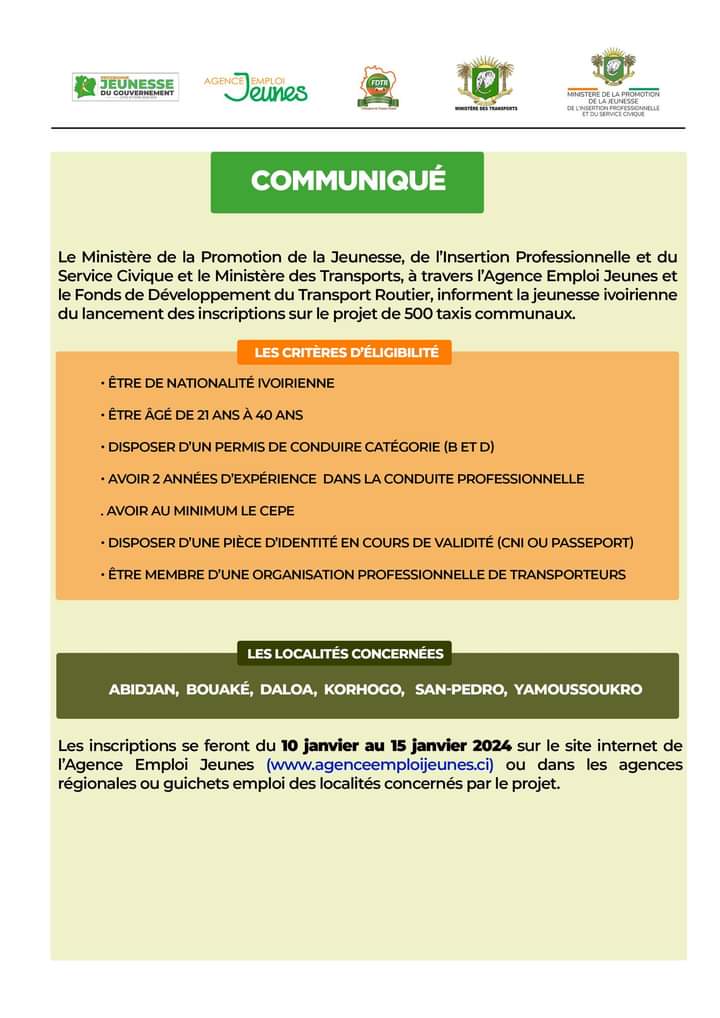 Image de Société. Le lancement des inscriptions pour le projet d'acquisition de 500 taxis communaux, initié conjointement par le ministère de la Promotion de la Jeunesse, de l'Insertion professionnelle et du Service Civique ainsi que le ministère des Transports, représente une étape significative dans la promotion de l'emploi des jeunes et le développement du secteur des transports. Ce projet, qui vise à offrir des opportunités d'emploi aux jeunes tout en améliorant les services de transport au niveau communal, témoigne de l'engagement du gouvernement en faveur de la jeunesse et de la création d'activités économiques. En mettant l'accent sur le secteur des taxis communaux, les ministères impliqués cherchent à stimuler l'entrepreneuriat chez les jeunes tout en répondant aux besoins croissants de mobilité au sein des communautés locales. Les inscriptions ouvertes pour ce programme offrent aux jeunes la possibilité de participer activement à l'économie et de contribuer au développement de leur région. En encourageant l'insertion professionnelle, le projet aspire à réduire le taux de chômage chez les jeunes tout en favorisant la création de petites entreprises dans le secteur des transports. L'acquisition de 500 taxis communaux représente également une mesure stratégique pour améliorer l'accessibilité et la qualité des services de transport public. En élargissant la flotte de taxis, le gouvernement cherche à répondre à la demande croissante de déplacements au sein des zones communales, contribuant ainsi à une meilleure connectivité et à un renforcement des liens entre les différentes parties de la ville ou de la région. Outre les avantages économiques, ce projet a des implications sociales significatives. En encourageant la participation active des jeunes, il favorise le sentiment d'appartenance à la société et renforce la cohésion communautaire. Les jeunes participants au programme développent non seulement des compétences entrepreneuriales, mais ils deviennent également des acteurs essentiels dans la prestation de services de transport, contribuant ainsi au bien-être général de la population. La mise en œuvre de ce projet nécessite une collaboration étroite entre le gouvernement, les acteurs du secteur des transports, et les jeunes entrepreneurs. Les ministères concernés ont mis en place des mécanismes transparents et équitables pour le processus d'inscription, garantissant ainsi que les jeunes talentueux et motivés aient la possibilité de participer au programme, quel que soit leur contexte socio-économique. La formation et le soutien continu font partie intégrante de ce projet. Les jeunes sélectionnés bénéficieront de programmes de formation approfondie couvrant divers aspects de la gestion d'une entreprise de taxi, y compris la maintenance des véhicules, le service à la clientèle, et la gestion financière. Cette approche holistique vise à renforcer les compétences des participants, à accroître leur autonomie et à garantir le succès à long terme de leurs entreprises. Parallèlement aux bénéfices économiques et sociaux, le projet contribue également à la durabilité environnementale. En encourageant l'utilisation de taxis communaux, le gouvernement favorise une mobilité partagée, réduisant ainsi l'empreinte carbone associée aux déplacements individuels. Cette perspective aligne le projet avec les objectifs plus larges de développement durable et montre comment les initiatives gouvernementales peuvent avoir un impact positif sur plusieurs aspects de la société. En conclusion, le lancement des inscriptions pour le projet d'acquisition de 500 taxis communaux marque une avancée significative dans la promotion de l'emploi des jeunes, le renforcement du secteur des transports, et la stimulation de l'entrepreneuriat local. Ce programme ambitieux témoigne de la vision proactive du gouvernement en matière de développement socio-économique, mettant l'accent sur l'autonomisation des jeunes et l'amélioration des services communautaires. En continuant sur cette voie, le projet a le potentiel de servir de modèle pour d'autres initiatives visant à créer un impact positif à divers niveaux de la société.