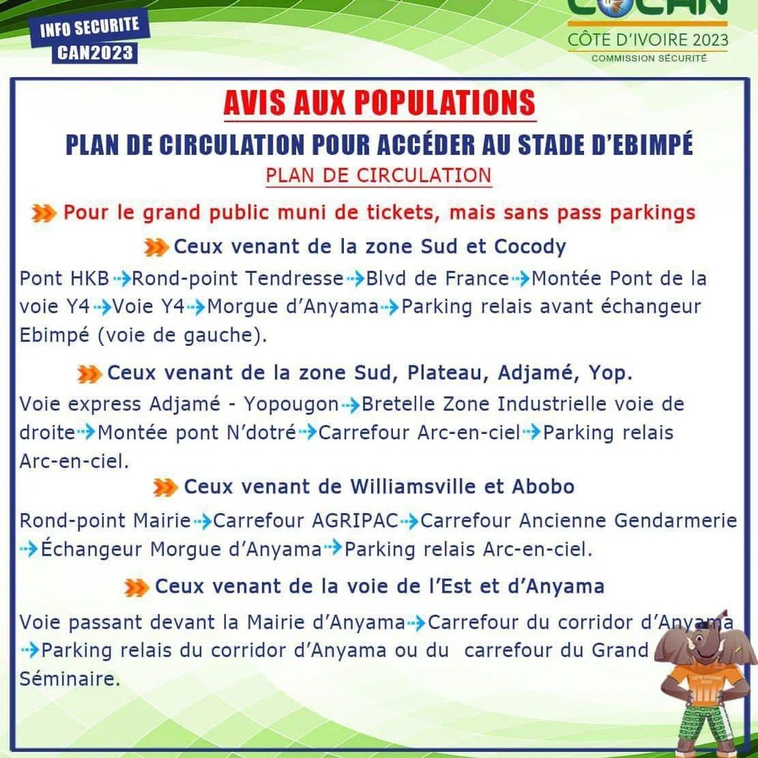 Deuxième Image de Football. Pour faciliter l’accès au stade d’Ebimpé et assurer la sécurité et la fluidité du trafic routier des axes durant les périodes de matchs, voici le plan de circulation à suivre pour se rendre au Stade Ebimpé. (image). Contexte et Enjeux La gestion de la circulation autour du stade d’Ebimpé pour la CAN 2023 soulève plusieurs enjeux importants. D’abord, il s’agit d’assurer la fluidité du trafic dans une zone qui va connaître une affluence exceptionnelle. La sécurité des usagers est une priorité, notamment en évitant les embouteillages qui pourraient entraver les voies d’urgence. De plus, il est essentiel de minimiser l'impact sur les riverains, tout en garantissant l’accès facile au stade pour les spectateurs. Les Défis de la Gestion de la Circulation dans un Grand Événement Sportif Organiser la circulation autour d'un grand événement sportif comme la CAN est un défi logistique majeur. Cela implique de gérer un grand nombre de véhicules, de coordonner avec les services de sécurité, et d’assurer une communication efficace avec le public. Les enjeux sont multiples : réduire les embouteillages, assurer la sécurité des piétons et des automobilistes, et maintenir un accès fluide pour les services d'urgence. Stratégies de Mobilité Urbaine Pour relever ces défis, des stratégies de mobilité urbaine sont mises en place. Ces stratégies incluent la création de voies réservées, la mise en place de parkings relais, et l'utilisation de transports en commun pour réduire le nombre de véhicules aux abords du stade. L'expérience montre que l'encouragement à l'utilisation des transports en commun et la mise en place de services de navette peuvent considérablement réduire la congestion. Impact sur les Riverains La gestion du trafic lors d'événements majeurs a un impact significatif sur les riverains. Il est crucial de communiquer efficacement avec eux pour minimiser les perturbations. Les résidents doivent être informés en amont des changements temporaires et des itinéraires alternatifs. Une attention particulière doit être portée à maintenir l'accès aux services essentiels. L'Importance de la Sécurité La sécurité est une préoccupation majeure. Cela inclut la gestion des foules, la prévention des accidents de la route, et la facilitation de l'accès rapide des services d'urgence. Les mesures de sécurité doivent être renforcées, notamment par une présence policière accrue et des contrôles routiers. En conclusion, la gestion efficace de la circulation et de la sécurité autour du stade d’Ebimpé pour la CAN 2023 est un enjeu majeur qui nécessite une planification méticuleuse, une communication efficace et une collaboration entre différentes entités. L'expérience acquise lors de cet événement pourra servir de modèle pour les futurs grands événements en Côte d'Ivoire et ailleurs. En regardant vers l'avenir, comment pouvons-nous intégrer davantage les technologies intelligentes et les solutions de mobilité durable pour améliorer l'expérience de la circulation et du stationnement lors des grands événements sportifs et culturels?