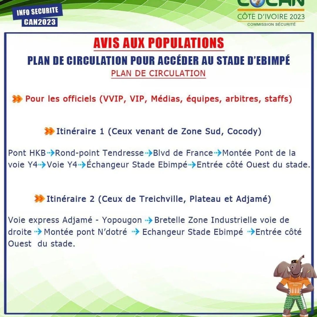 Troisième Image de Football. Pour faciliter l’accès au stade d’Ebimpé et assurer la sécurité et la fluidité du trafic routier des axes durant les périodes de matchs, voici le plan de circulation à suivre pour se rendre au Stade Ebimpé. (image). Contexte et Enjeux La gestion de la circulation autour du stade d’Ebimpé pour la CAN 2023 soulève plusieurs enjeux importants. D’abord, il s’agit d’assurer la fluidité du trafic dans une zone qui va connaître une affluence exceptionnelle. La sécurité des usagers est une priorité, notamment en évitant les embouteillages qui pourraient entraver les voies d’urgence. De plus, il est essentiel de minimiser l'impact sur les riverains, tout en garantissant l’accès facile au stade pour les spectateurs. Les Défis de la Gestion de la Circulation dans un Grand Événement Sportif Organiser la circulation autour d'un grand événement sportif comme la CAN est un défi logistique majeur. Cela implique de gérer un grand nombre de véhicules, de coordonner avec les services de sécurité, et d’assurer une communication efficace avec le public. Les enjeux sont multiples : réduire les embouteillages, assurer la sécurité des piétons et des automobilistes, et maintenir un accès fluide pour les services d'urgence. Stratégies de Mobilité Urbaine Pour relever ces défis, des stratégies de mobilité urbaine sont mises en place. Ces stratégies incluent la création de voies réservées, la mise en place de parkings relais, et l'utilisation de transports en commun pour réduire le nombre de véhicules aux abords du stade. L'expérience montre que l'encouragement à l'utilisation des transports en commun et la mise en place de services de navette peuvent considérablement réduire la congestion. Impact sur les Riverains La gestion du trafic lors d'événements majeurs a un impact significatif sur les riverains. Il est crucial de communiquer efficacement avec eux pour minimiser les perturbations. Les résidents doivent être informés en amont des changements temporaires et des itinéraires alternatifs. Une attention particulière doit être portée à maintenir l'accès aux services essentiels. L'Importance de la Sécurité La sécurité est une préoccupation majeure. Cela inclut la gestion des foules, la prévention des accidents de la route, et la facilitation de l'accès rapide des services d'urgence. Les mesures de sécurité doivent être renforcées, notamment par une présence policière accrue et des contrôles routiers. En conclusion, la gestion efficace de la circulation et de la sécurité autour du stade d’Ebimpé pour la CAN 2023 est un enjeu majeur qui nécessite une planification méticuleuse, une communication efficace et une collaboration entre différentes entités. L'expérience acquise lors de cet événement pourra servir de modèle pour les futurs grands événements en Côte d'Ivoire et ailleurs. En regardant vers l'avenir, comment pouvons-nous intégrer davantage les technologies intelligentes et les solutions de mobilité durable pour améliorer l'expérience de la circulation et du stationnement lors des grands événements sportifs et culturels?