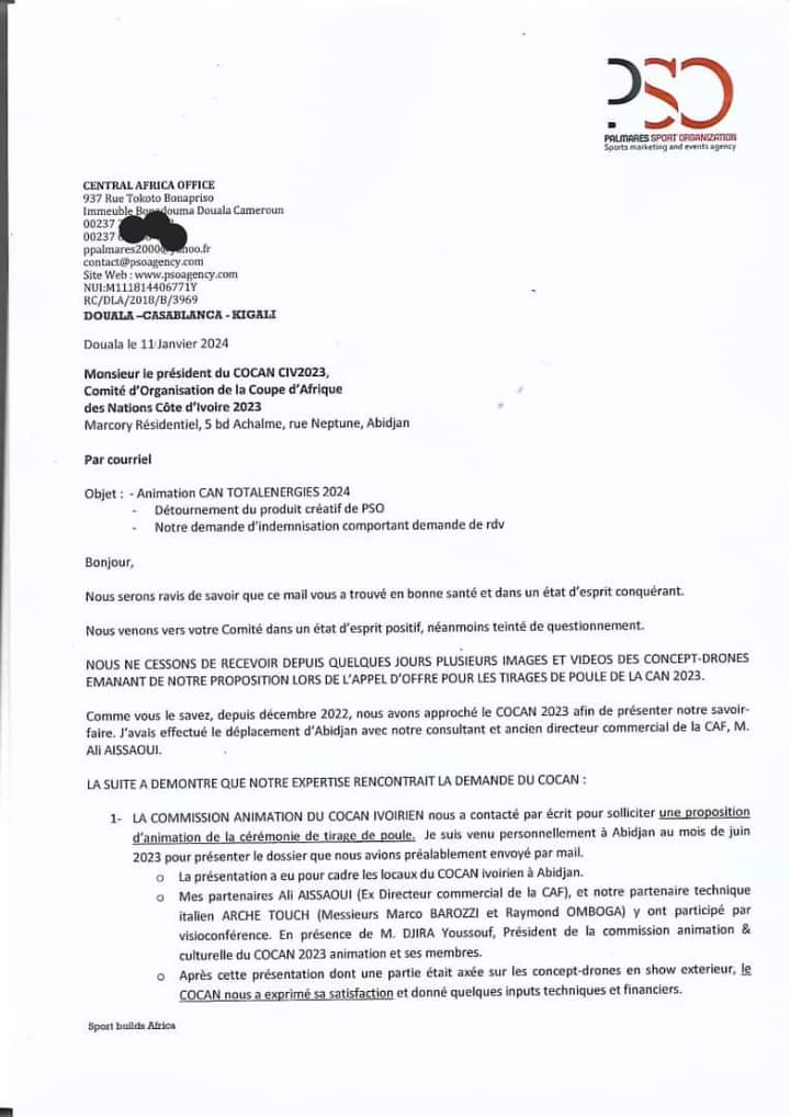 Deuxième Image de Football. Le 9 août 2023, à 9h22, la direction de notre entreprise a été agréablement surprise de recevoir une notification du chef de projet de la cérémonie du COCAN 2023, annonçant notre sélection pour la prestation des drones et du tapis électronique lors de l'événement préalable à #cantotalernergies2023 en Côte d'Ivoire, prévu du 13 janvier au 11 février 2024. Cependant, notre enthousiasme initial s'est rapidement dissipé lorsque nous avons constaté que la ville d'Abidjan était submergée par notre projet de ballet de drones, et ce, sans avoir reçu la moindre rétribution pour notre prestation intellectuelle, artistique et technologique. En dépit de cette situation inattendue, nous conservons l'espoir que cette omission financière n'est qu'une erreur de la part de nos partenaires ivoiriens. Nous croyons fermement qu'une résolution rapide de ce malentendu permettra de rétablir l'équilibre financier nécessaire à la pérennité de notre collaboration. En ce sens, nous attendons avec impatience des clarifications et des démarches correctives de la part des responsables du COCAN 2023 en Côte d'Ivoire. Nous demeurons optimistes quant à la possibilité que cette situation soit rectifiée dans les plus brefs délais, réaffirmant ainsi la confiance mutuelle et le respect des accords contractuels. Par ailleurs, tout en gérant cette problématique, nous tenons à adresser nos vœux chaleureux à la jeunesse africaine réunie en Côte d'Ivoire à l'occasion de cet événement majeur. Nous sommes convaincus que cette célébration sera une source d'inspiration pour les générations futures, renforçant les liens interculturels et favorisant le développement socio-économique. En réfléchissant à notre implication dans le projet #cantotalernergies2023, nous sommes animés par le désir de contribuer à une célébration unique et mémorable. Cependant, la nécessité d'une indemnisation appropriée pour notre prestation demeure au cœur de nos préoccupations. Nous sommes confiants que cette situation sera résolue de manière équitable et rapide, permettant ainsi de préserver la qualité et l'intégrité de notre collaboration. En conclusion, alors que nous continuons à travailler sur la réussite de notre prestation pour l'événement à venir, nous restons engagés à résoudre les problèmes financiers actuels avec le COCAN 2023. Nous sommes convaincus que cette situation ne remettra pas en question le succès global de notre participation à #cantotalernergies2023, et nous anticipons avec enthousiasme la conclusion positive de cette affaire.