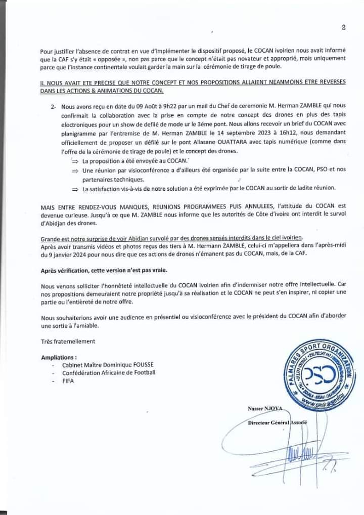 Troisième Image de Football. Le 9 août 2023, à 9h22, la direction de notre entreprise a été agréablement surprise de recevoir une notification du chef de projet de la cérémonie du COCAN 2023, annonçant notre sélection pour la prestation des drones et du tapis électronique lors de l'événement préalable à #cantotalernergies2023 en Côte d'Ivoire, prévu du 13 janvier au 11 février 2024. Cependant, notre enthousiasme initial s'est rapidement dissipé lorsque nous avons constaté que la ville d'Abidjan était submergée par notre projet de ballet de drones, et ce, sans avoir reçu la moindre rétribution pour notre prestation intellectuelle, artistique et technologique. En dépit de cette situation inattendue, nous conservons l'espoir que cette omission financière n'est qu'une erreur de la part de nos partenaires ivoiriens. Nous croyons fermement qu'une résolution rapide de ce malentendu permettra de rétablir l'équilibre financier nécessaire à la pérennité de notre collaboration. En ce sens, nous attendons avec impatience des clarifications et des démarches correctives de la part des responsables du COCAN 2023 en Côte d'Ivoire. Nous demeurons optimistes quant à la possibilité que cette situation soit rectifiée dans les plus brefs délais, réaffirmant ainsi la confiance mutuelle et le respect des accords contractuels. Par ailleurs, tout en gérant cette problématique, nous tenons à adresser nos vœux chaleureux à la jeunesse africaine réunie en Côte d'Ivoire à l'occasion de cet événement majeur. Nous sommes convaincus que cette célébration sera une source d'inspiration pour les générations futures, renforçant les liens interculturels et favorisant le développement socio-économique. En réfléchissant à notre implication dans le projet #cantotalernergies2023, nous sommes animés par le désir de contribuer à une célébration unique et mémorable. Cependant, la nécessité d'une indemnisation appropriée pour notre prestation demeure au cœur de nos préoccupations. Nous sommes confiants que cette situation sera résolue de manière équitable et rapide, permettant ainsi de préserver la qualité et l'intégrité de notre collaboration. En conclusion, alors que nous continuons à travailler sur la réussite de notre prestation pour l'événement à venir, nous restons engagés à résoudre les problèmes financiers actuels avec le COCAN 2023. Nous sommes convaincus que cette situation ne remettra pas en question le succès global de notre participation à #cantotalernergies2023, et nous anticipons avec enthousiasme la conclusion positive de cette affaire.